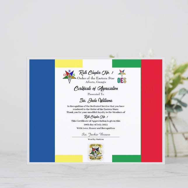 Lámina Certificado de Agradecimiento de OES (Anverso de pie)