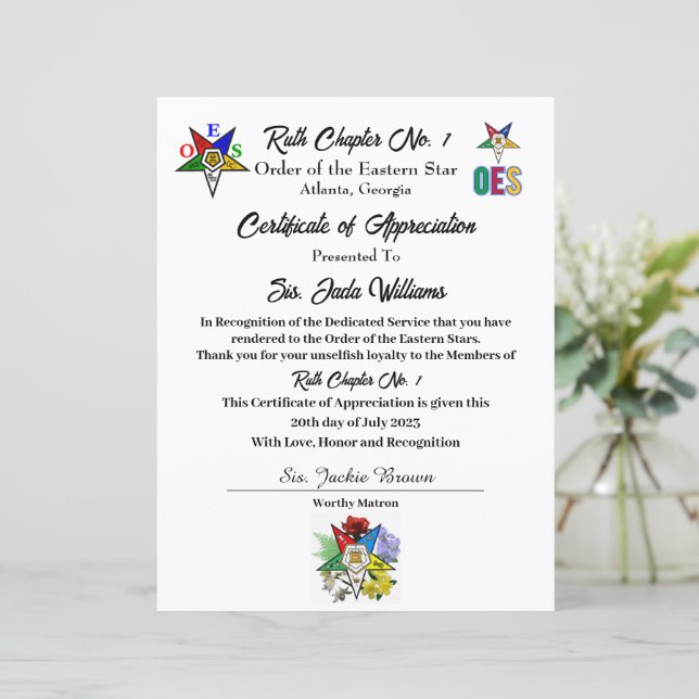 Lámina Certificado de Agradecimiento Int.OES (Anverso de pie)