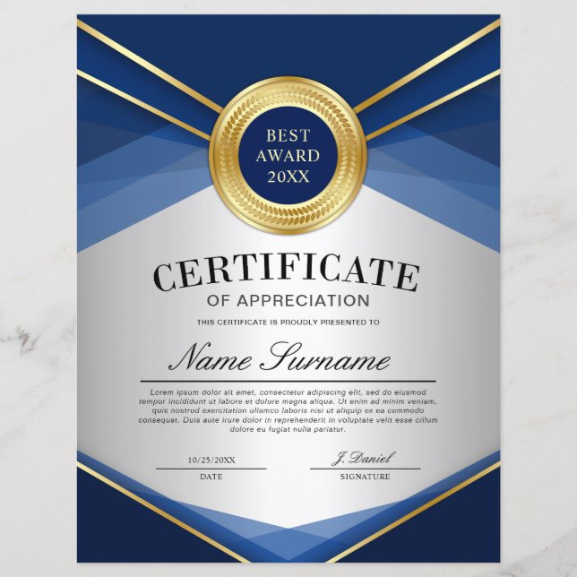 Lámina Certificado de Agradecimiento Vertical Azul y Dora (Anverso)