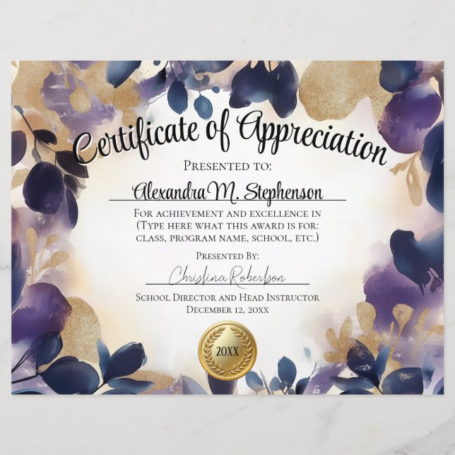 Lámina Certificado de apreciación acuarela floral de oro (Anverso)