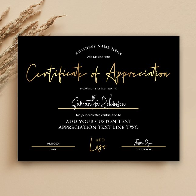 Lámina Certificado de Apreciación Premio Diploma de Oro N (Elegant black and gold Certificate of Appreciation award with space for your logo and custom text)