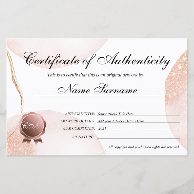 Lámina Certificado de autenticidad de arte por (Anverso)