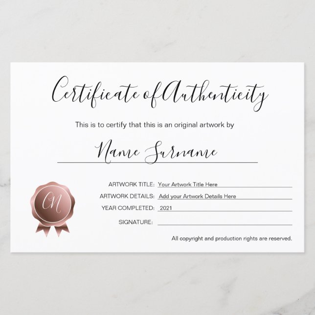 Lámina Certificado de autenticidad de arte por (Anverso)