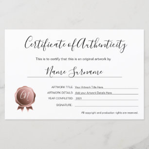 Lámina Certificado de autenticidad de arte por