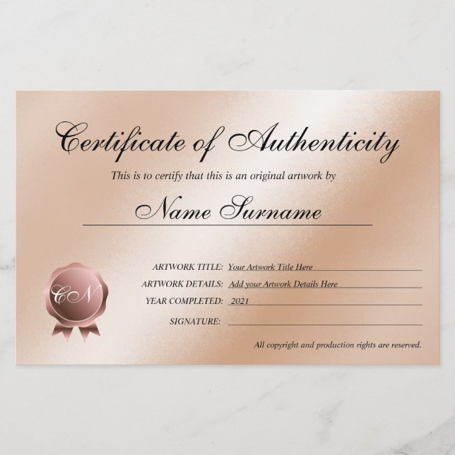 Lámina Certificado de autenticidad de arte por (Anverso)