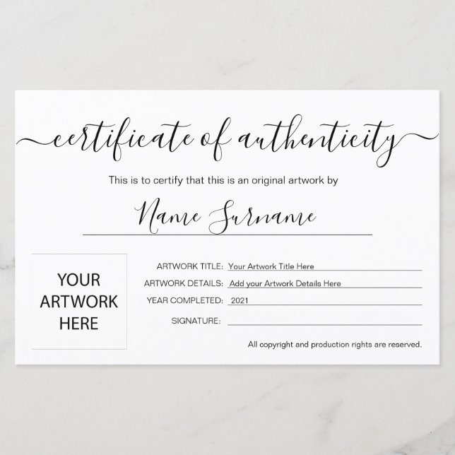Lámina Certificado de autenticidad de arte por (Anverso)