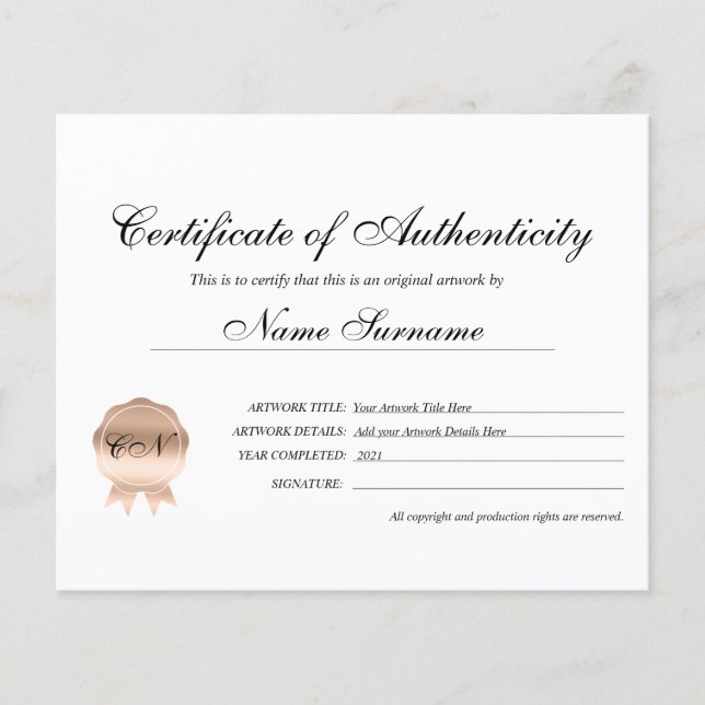 Lámina Certificado de autenticidad de arte por (Anverso)