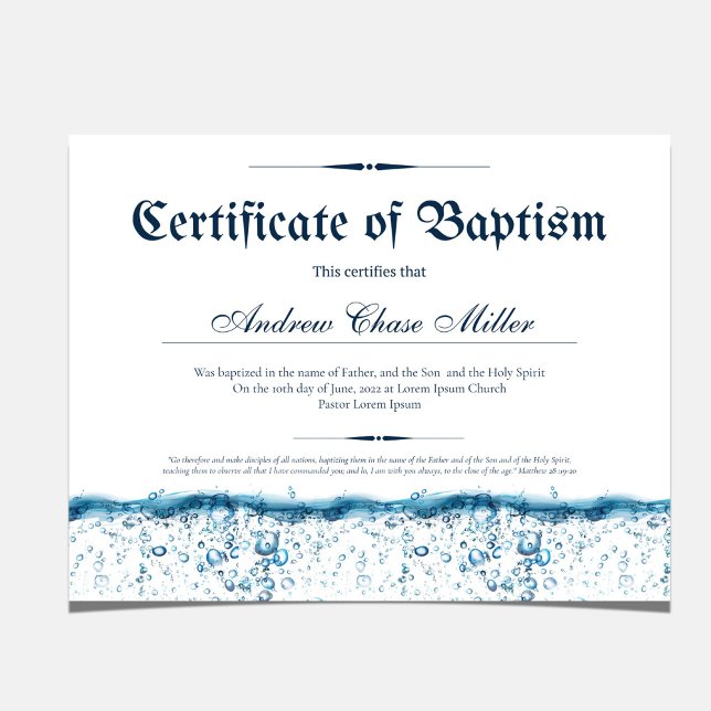 Lámina Certificado de bautismo agua Christening (Certificate of Baptism, Water Baptism Christening certificate wall decor)