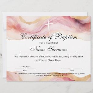 Lámina Certificado de bautismo, dedicación de bebé