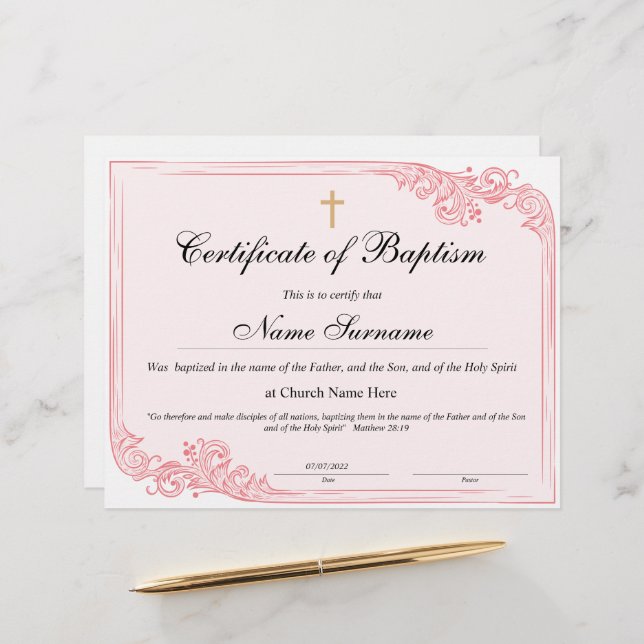 Lámina Certificado de bautismo, dedicación de bebé (Anverso/Reverso In Situ)