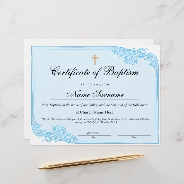 Lámina Certificado de bautismo, dedicación de bebé (Anverso/Reverso In Situ)