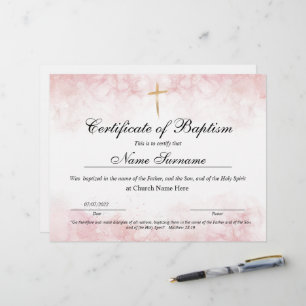Lámina Certificado de bautismo, dedicación de bebé