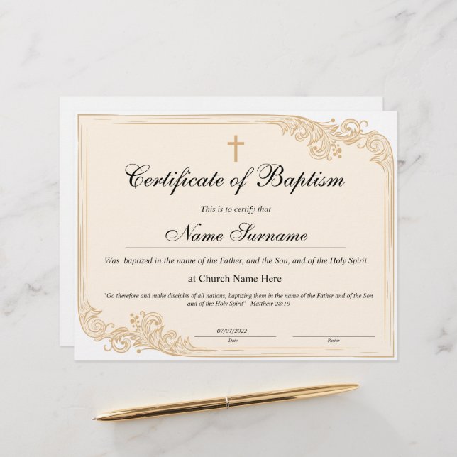 Lámina Certificado de bautismo, dedicación de bebé (Anverso/Reverso In Situ)