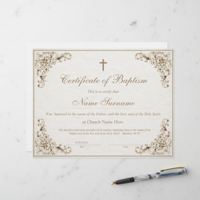 Lámina Certificado de Bautismo, Dedicación de Bebé (Anverso/Reverso In Situ)