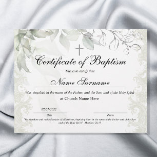 Lámina Certificado de bautismo, dedicación de bebé
