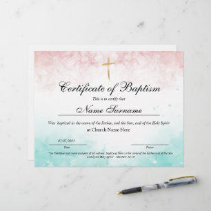 Lámina Certificado de bautismo, dedicación de bebé