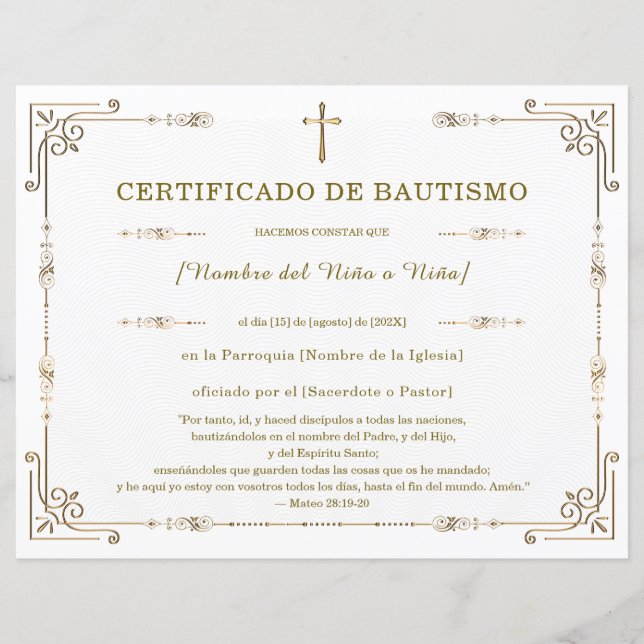 Lámina Certificado de Bautismo Elegante (Anverso)