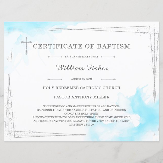 Lámina Certificado de Bautizo Azul y Plata (Anverso)