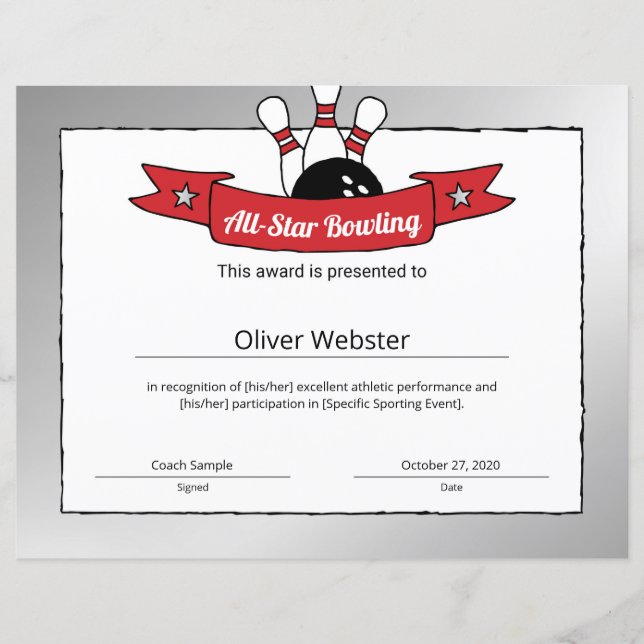 Lámina Certificado de Bowling para jugador de boliche con (Anverso)