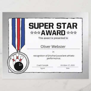 Lámina Certificado de Bowling para jugador de bowling en 