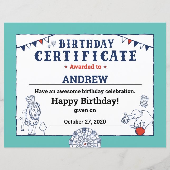 Lámina Certificado de cumpleaños de bebé en circo de carn (Anverso)