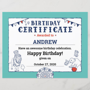 Lámina Certificado de cumpleaños de bebé en circo de carn