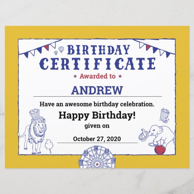 Lámina Certificado de Cumpleaños de Circus Baby Carnaval  (Anverso)