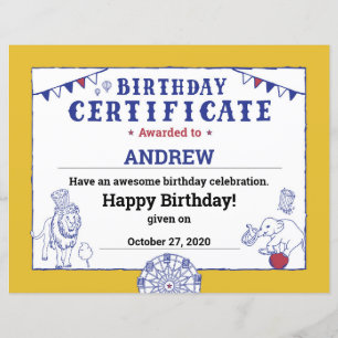 Lámina Certificado de Cumpleaños de Circus Baby Carnaval 