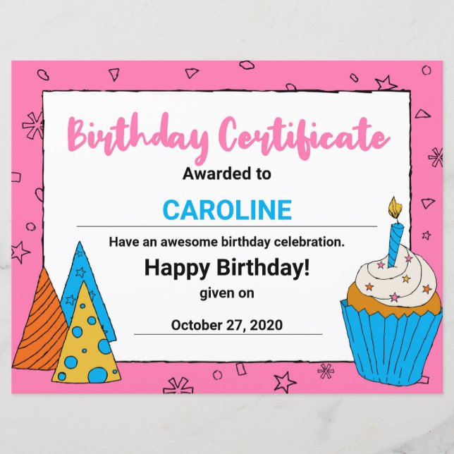 Lámina Certificado de cumpleaños de Clipart Cupcake Rosa (Anverso)