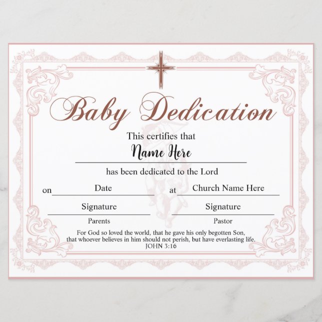 Lámina Certificado de dedicción de bebé Chica rosa (Anverso)
