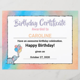 Lámina Certificado de Elefante de Cumpleaños con Montón d