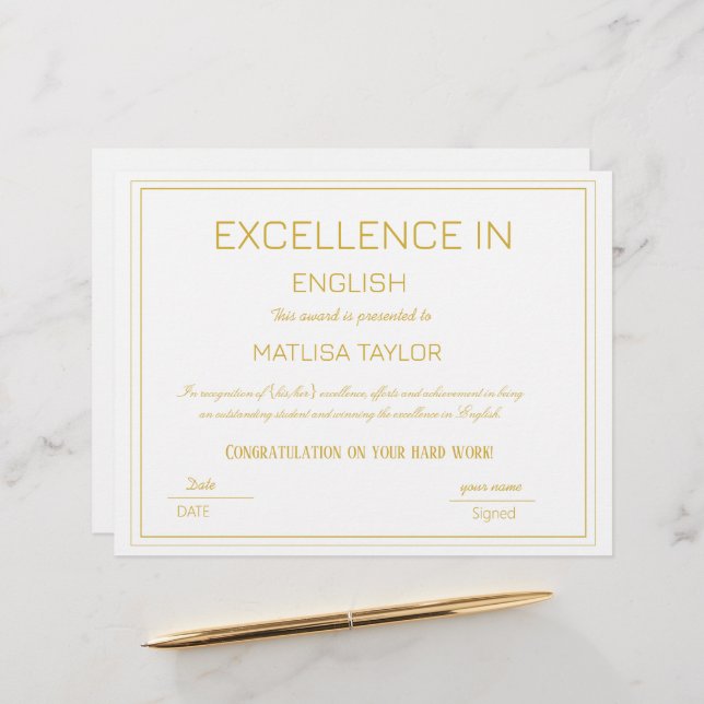 Lámina Certificado de Excelencia en Logro en Inglés (Anverso/Reverso In Situ)