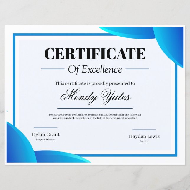 Lámina Certificado de Excelencia Moderno Azul y Blanco (Anverso)