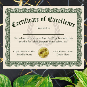 Lámina Certificado de Excelencia, Personalizable 8.5x11