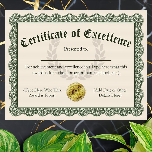 Lámina Certificado de Excelencia, Personalizable 8.5x11 (customizable certificate of excellence)