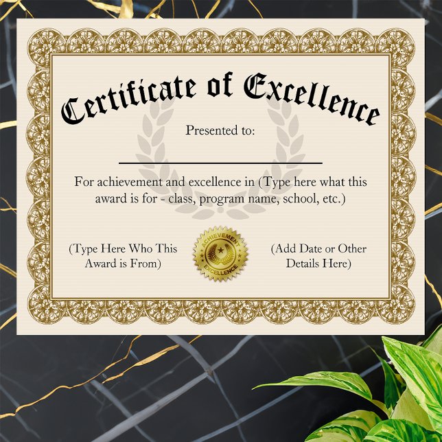 Lámina Certificado de Excelencia Personalizable Gold 8.5x (custom printed certificate of excellence)