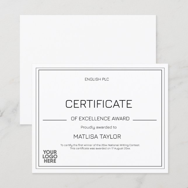 Lámina Certificado de Excelencia Premio Logotipo Blanco y (Anverso / Reverso)