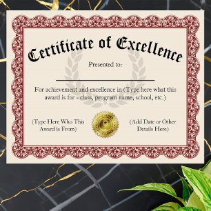 Lámina Certificado de Excelencia Rojo Personalizable 8.5x