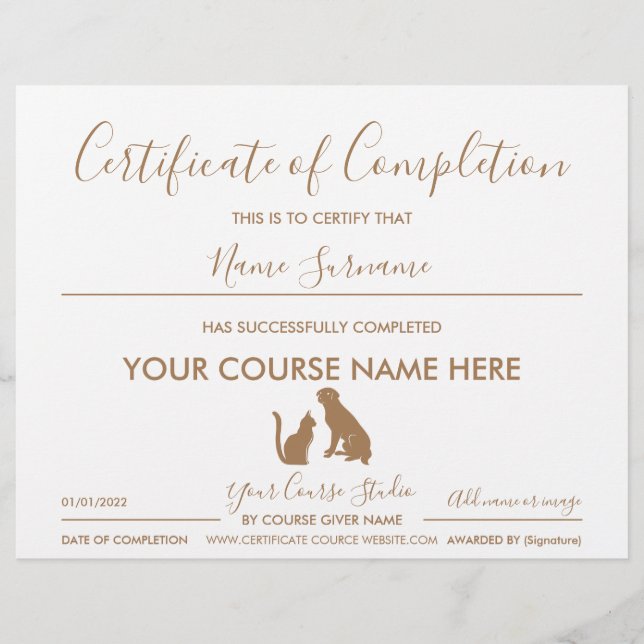 Lámina certificado de finalización de mascota gato perro (Anverso)