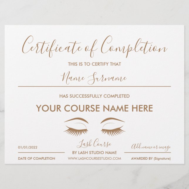 Lámina certificado de finalización del curso de pestañas (Anverso)
