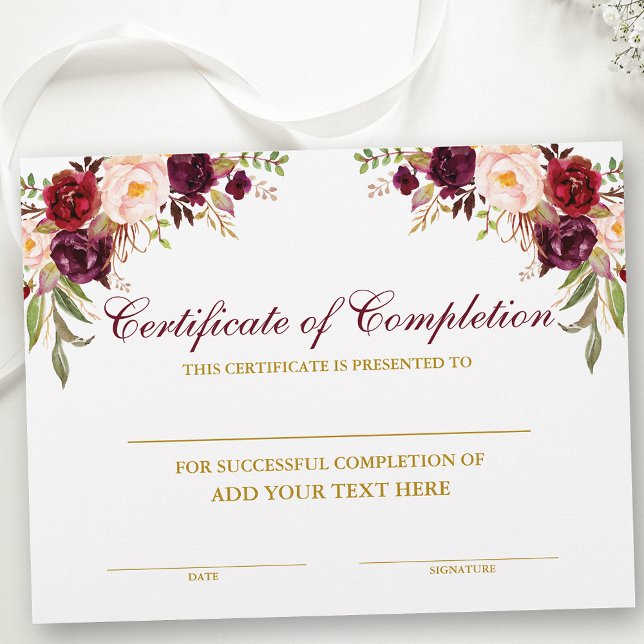 Lámina Certificado de finalización del oro floral borgoñé (Customize to change text size, text style or text color.)