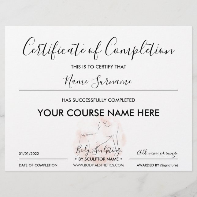 Lámina certificado de finalización Estética Corporal Bell (Anverso)