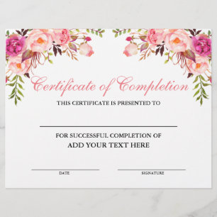 Lámina Certificado de finalización Floral rosa - Su texto