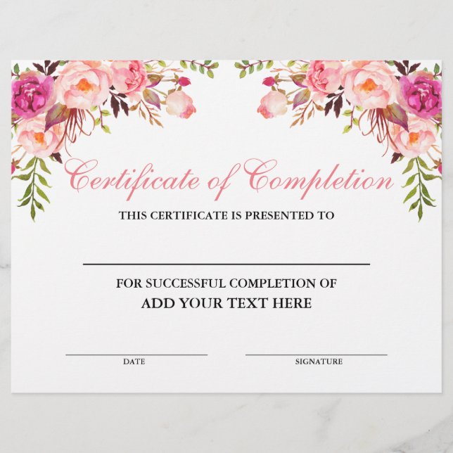 Lámina Certificado de finalización Floral rosa - Su texto (Anverso)