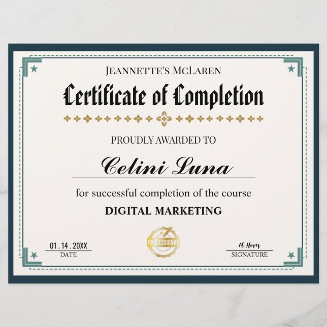 Lámina Certificado de finalización moderno en negro y oro (Anverso)