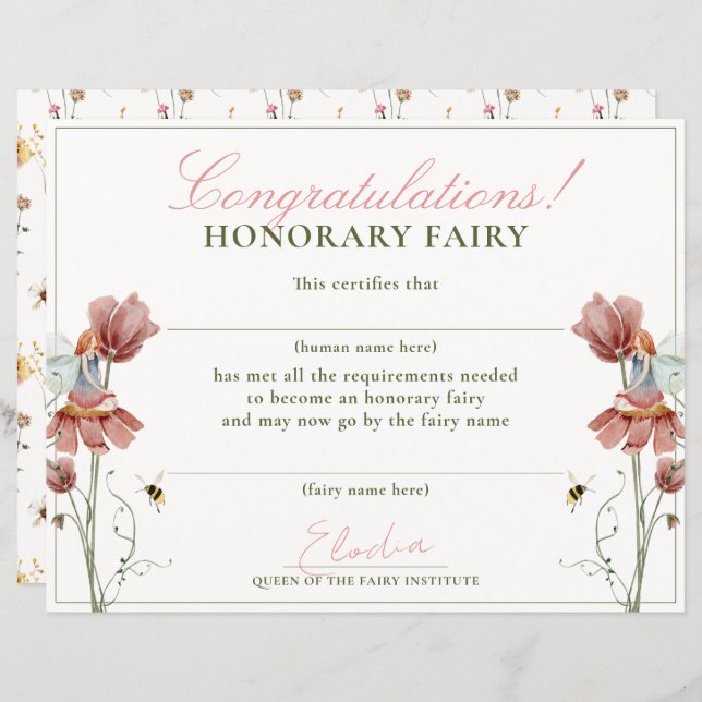 Lámina Certificado de Floral Honorífico Fairy First Vinta (Anverso / Reverso)