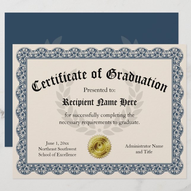 Lámina Certificado de graduación Personalizable azul 8.5x (Anverso / Reverso)