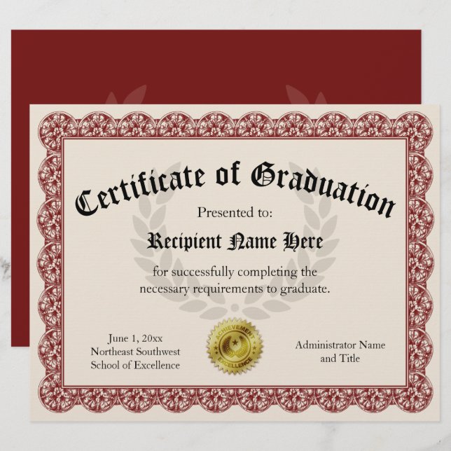 Lámina Certificado de Graduación Rojo Personalizable 8.5x (Anverso / Reverso)