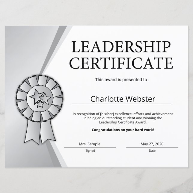 Lámina Certificado de liderazgo plateado de logro PDF (Anverso)