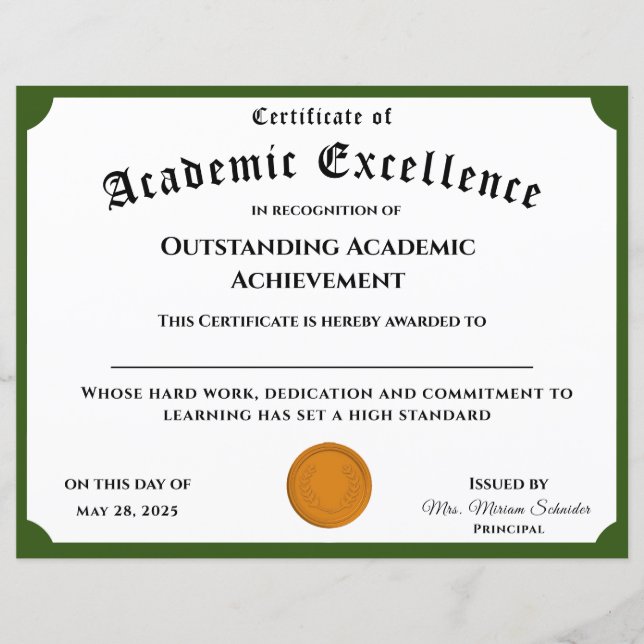 Lámina Certificado de logro académico de personalizable (Anverso)